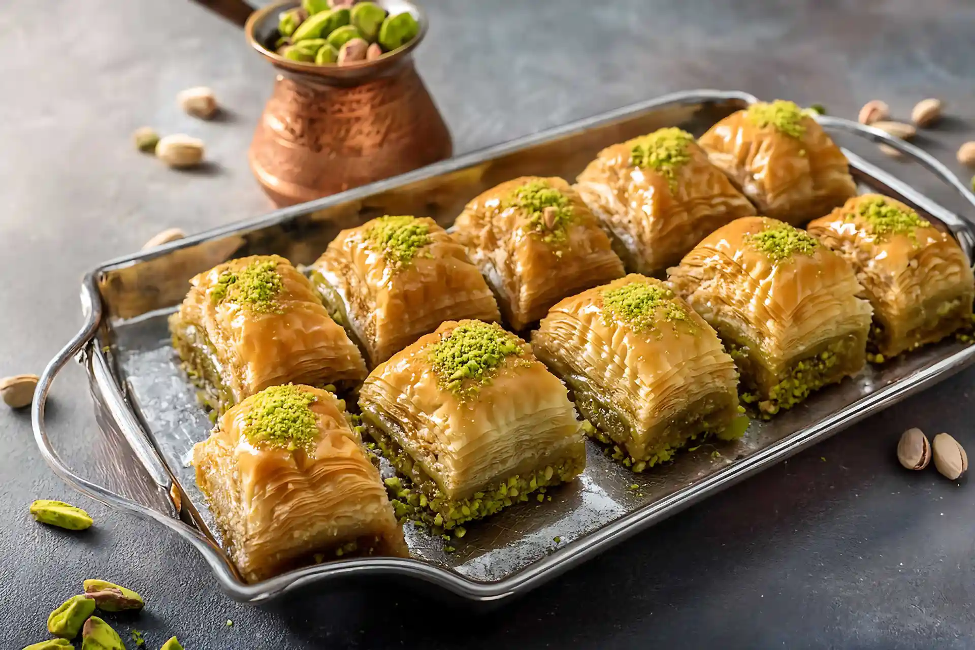 Baklava à la pistache dans un plateau