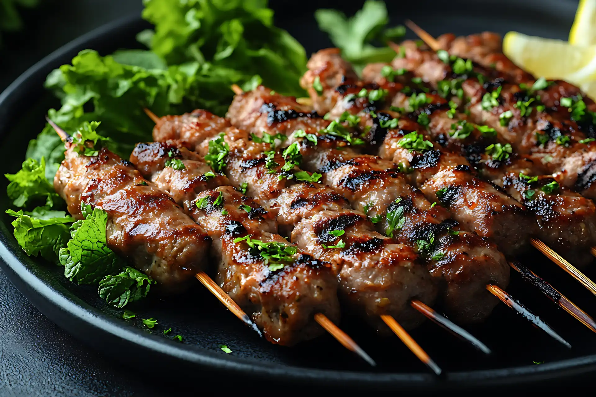 Brochettes grillées au barbecue Brochettes de viande grillées avec herbes
